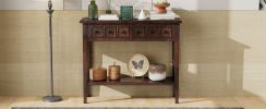 TREXM Rustic Console Table with Open Shelf, Rubber Wood Legs, Ideal for Entryways, Living Rooms, and Hallways (Espresso)